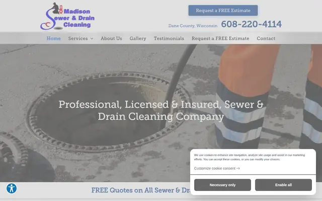 Screenshot of the Madison Sewer & Drain Cleaning homepage as it appeared on 2026-09-08, captured at desktop width.