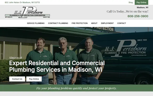 Screenshot of the H.J. Pertzborn Plumbing and Fire Protection Corporation. homepage as it appeared on 2026-09-08, captured at desktop width.
