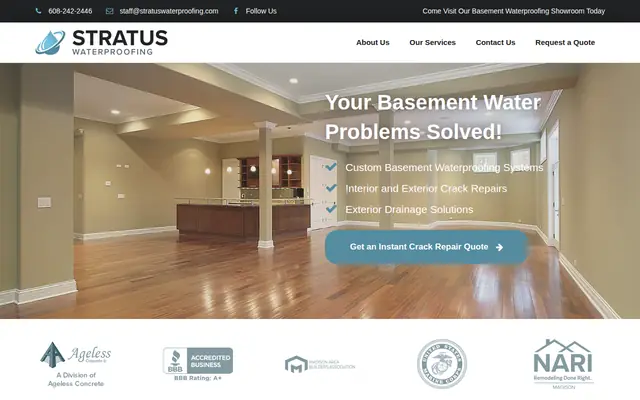 Screenshot of the Stratus Waterproofing homepage as it appeared on 2026-09-08, captured at desktop width.