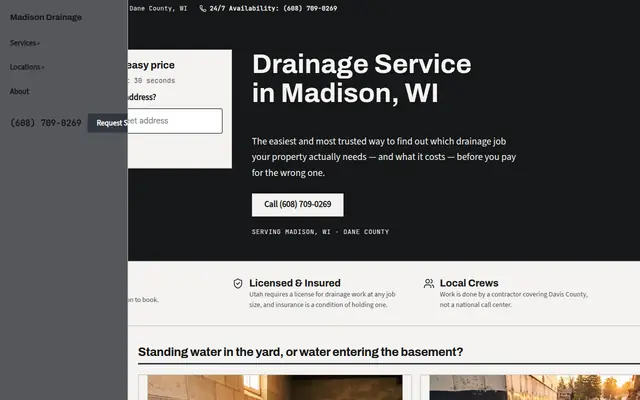 Screenshot of the Madison Drainage homepage: the headline, a short form asking for a property address, and a panel reading the current local rainfall.