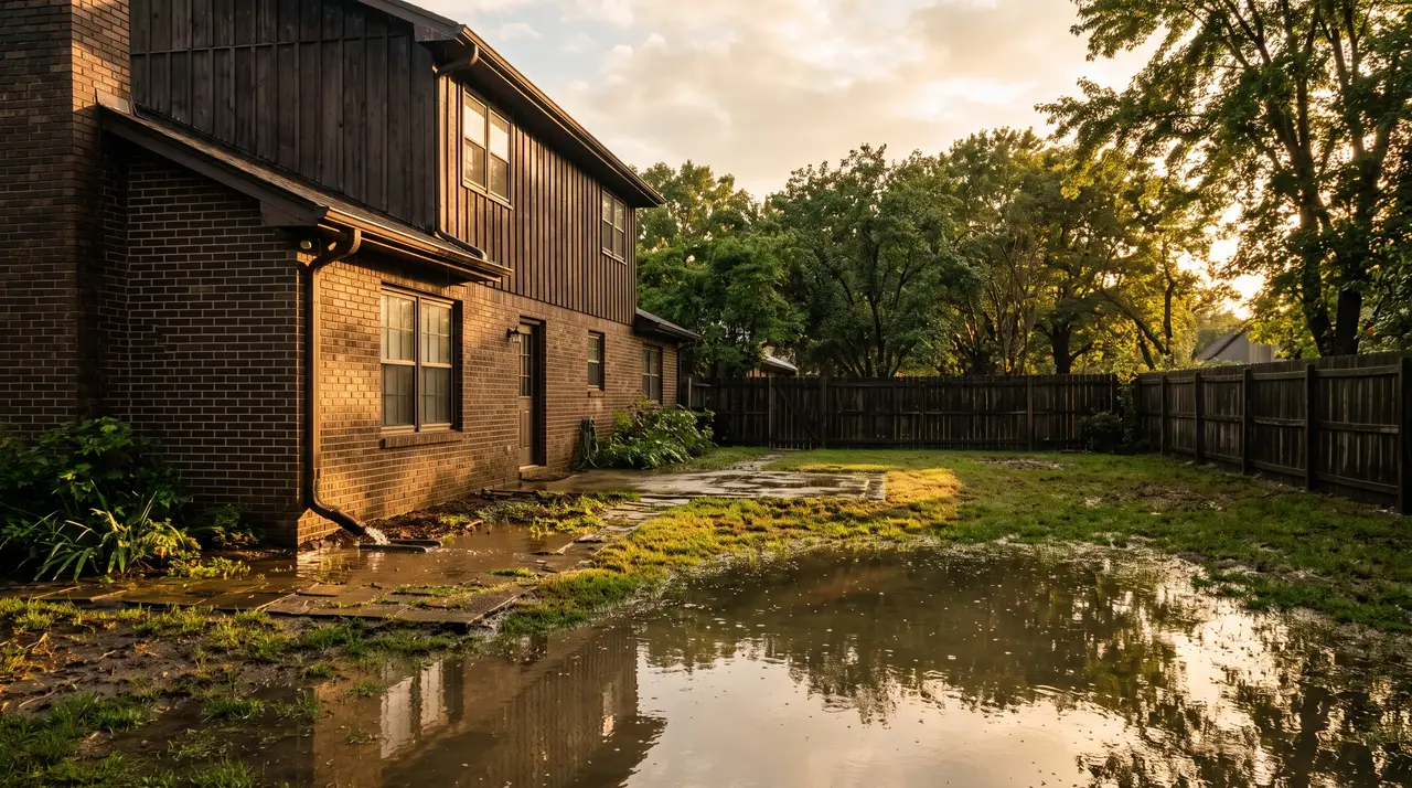 A suburban back yard the morning after heavy rain, with a wide sheet of standing water lying across a low corner of the lawn and a downspout discharging onto saturated ground close to the house.
