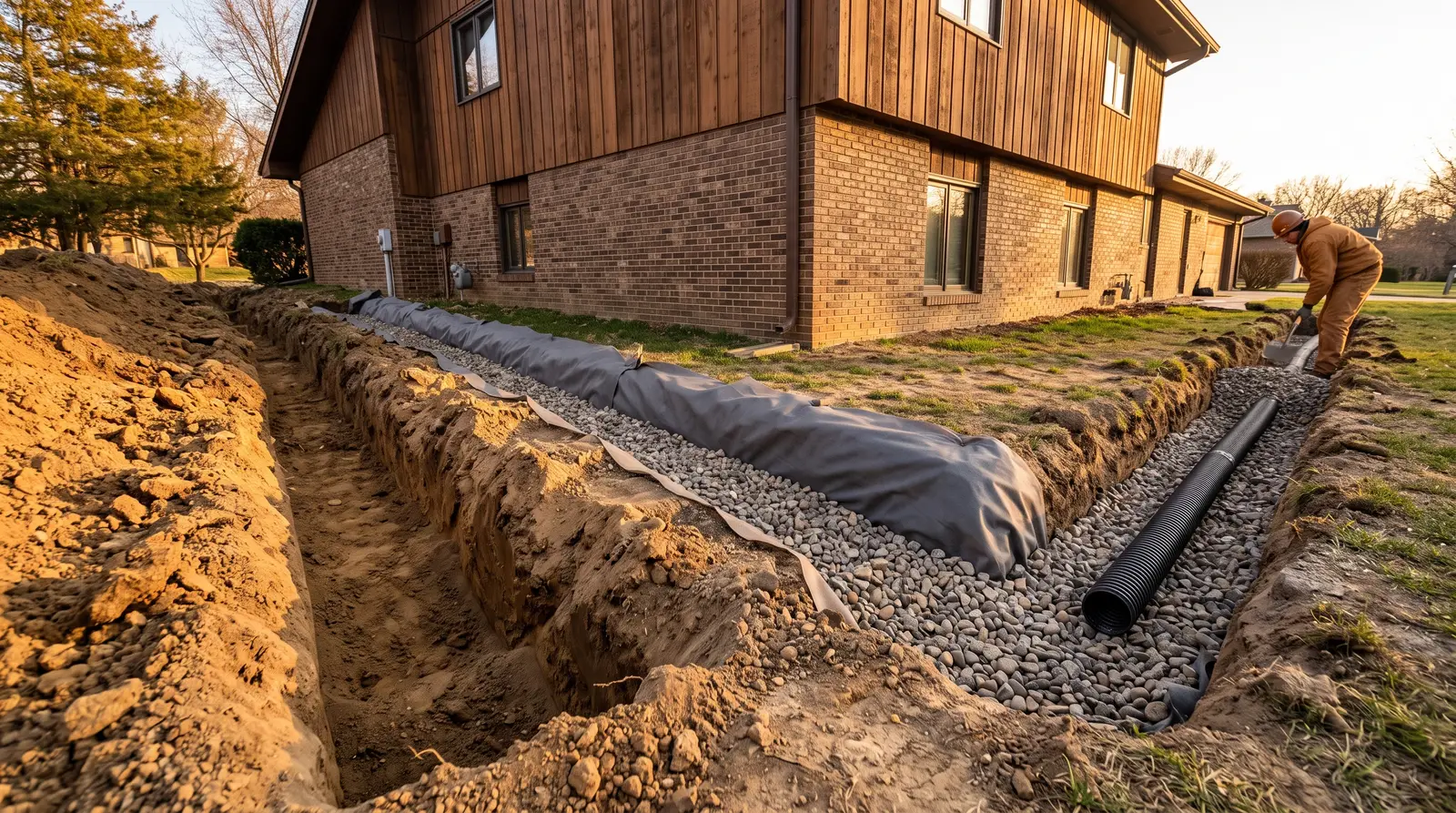 Four photographs of the same trench in sequence: open cut, stone bed, perforated pipe laid in the stone, then stone filled level to the surface.