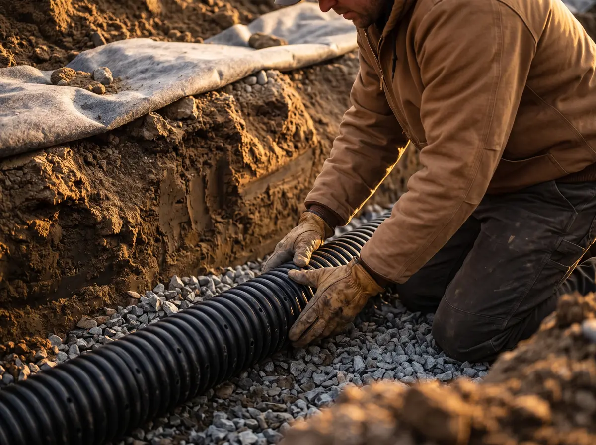 A worker kneeling at the edge of an open trench, seating perforated pipe into a bed of washed stone with both hands.
